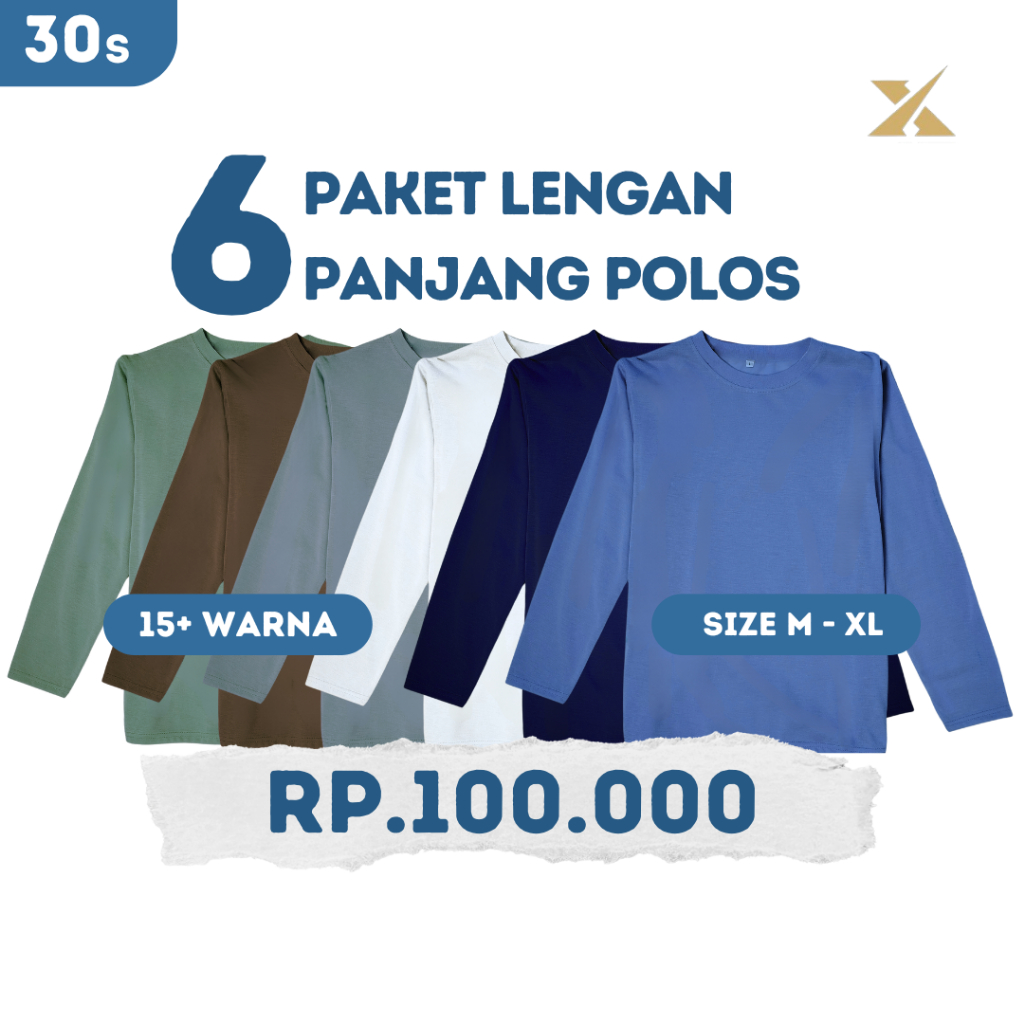 NAKA - [Paket 6PCS] Kaos Lengan Panjang Polos Unisex/Regular size Oneck Longsleeve Polly Cotton 30s