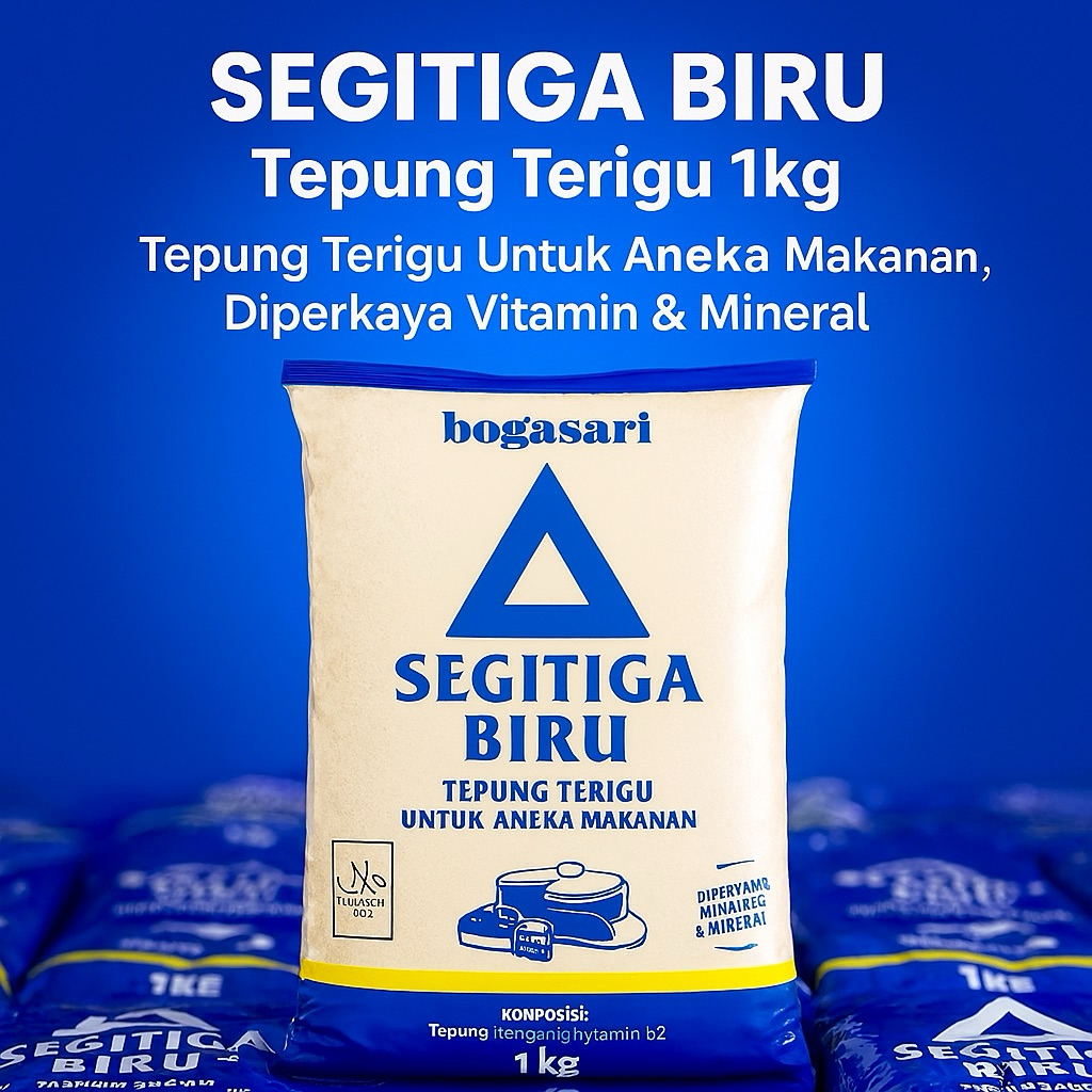 

Tepung Terigu Segitiga Biru 1kg – Tepung Serbaguna untuk Kue, Gorengan, Roti, dan Masakan Harian