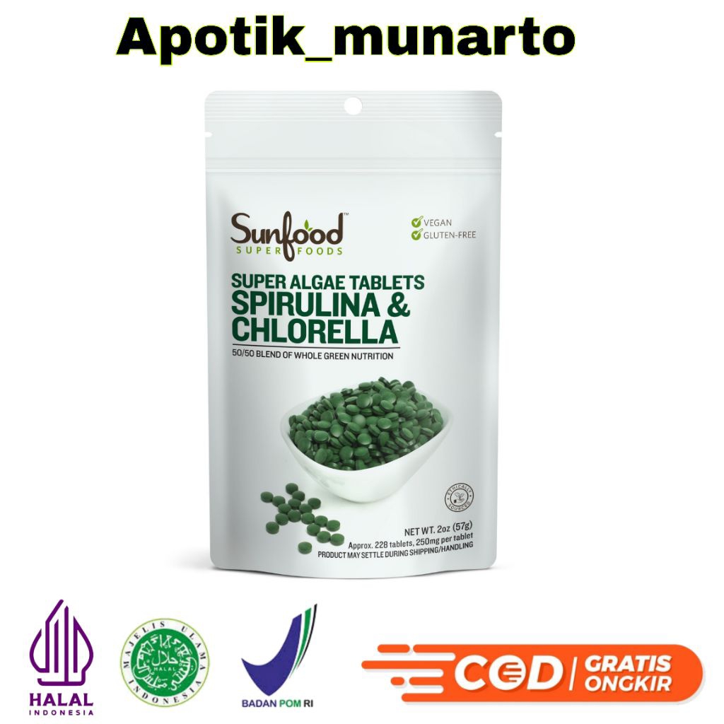 New Sunfood SPIRULINA CHLORELLA Super Algae 250Mg 228 Tablet Original