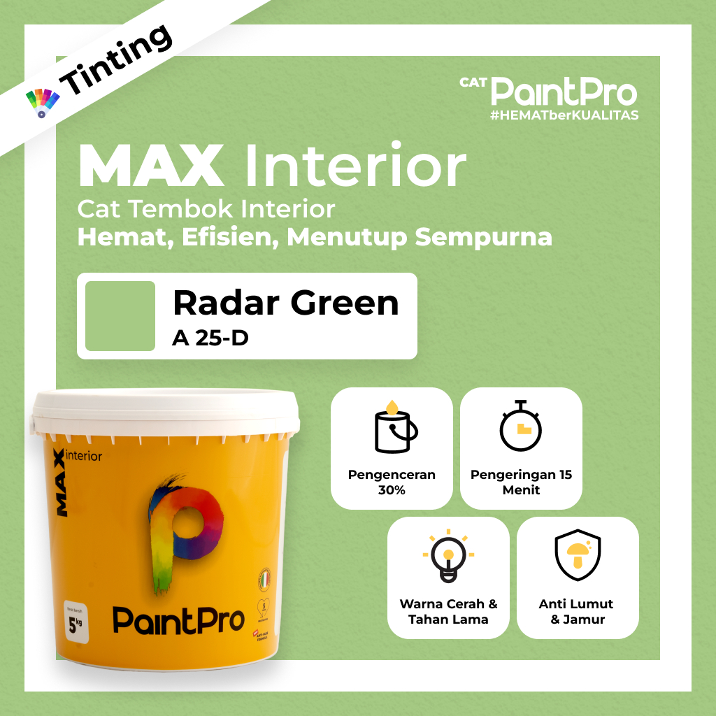 Cat Tembok Tinting Murah Berkualitas | Custom 1000+ | PaintPro | Hijau Green | MAX Interior 20kg