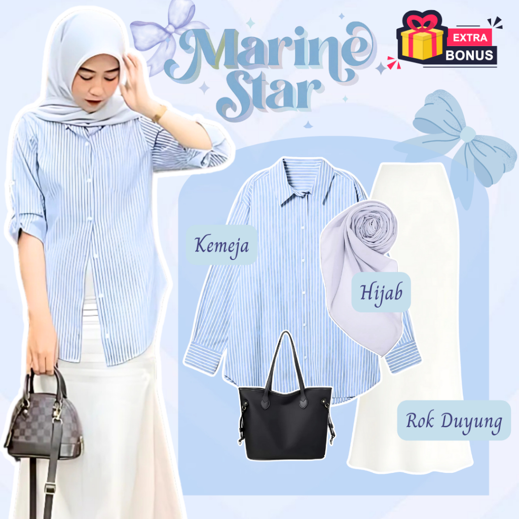 One set 3in1 Setelan hijab wanita Kemeja garis stripe biru muda sky blue rok duyung mermaid putih br