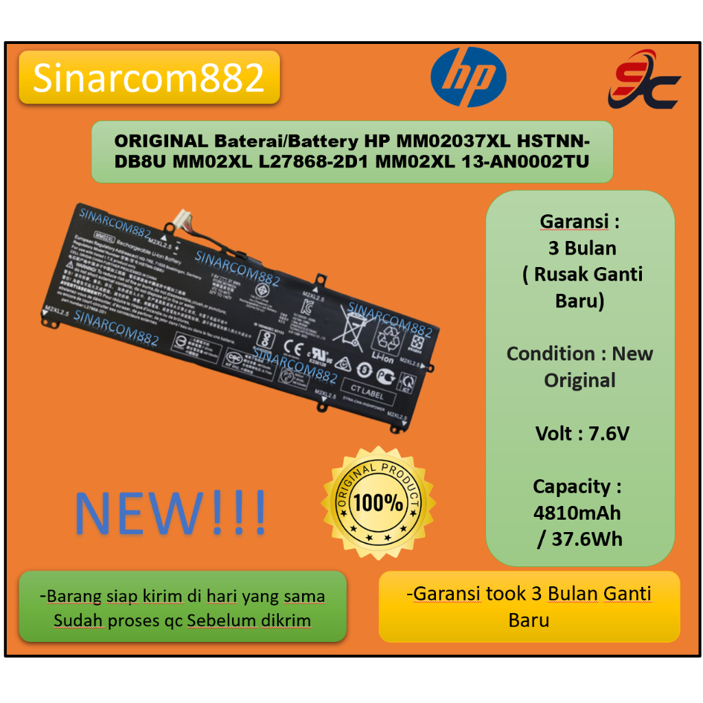 ORIGINAL Baterai/Battery HP MM02037XL HSTNN-DB8U MM02XL L27868-2D1 MM02XL 13-AN0002TU