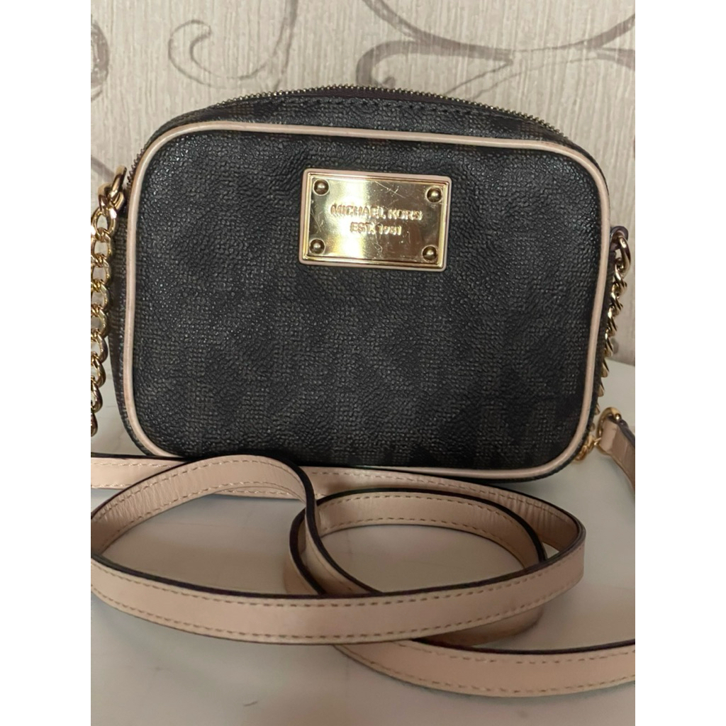 Michael Kors Brown Beige Small Purse Gold Chain Crossbody