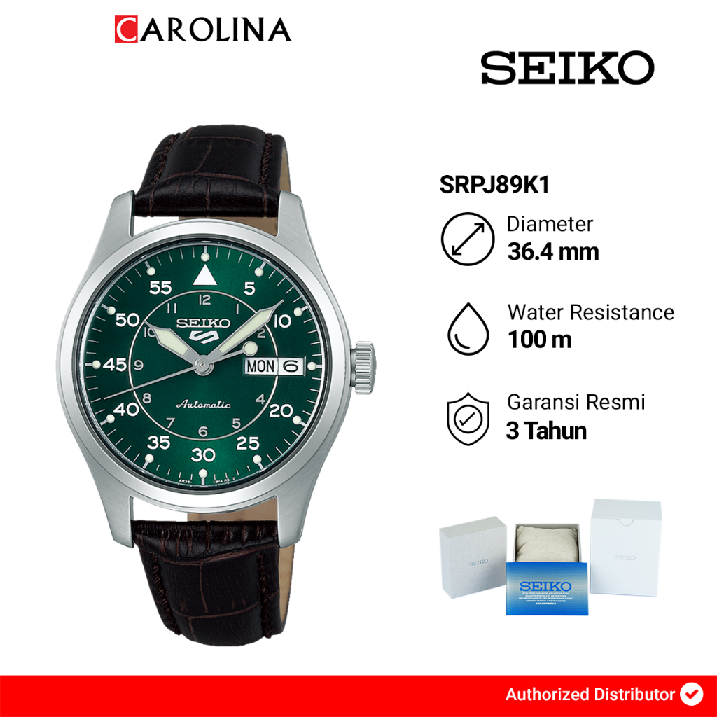 Jam Tangan Pria Seiko 5 Sports SRPJ89K1 Flieger Suits Style Kelly Green Flieger Black Leather Strap