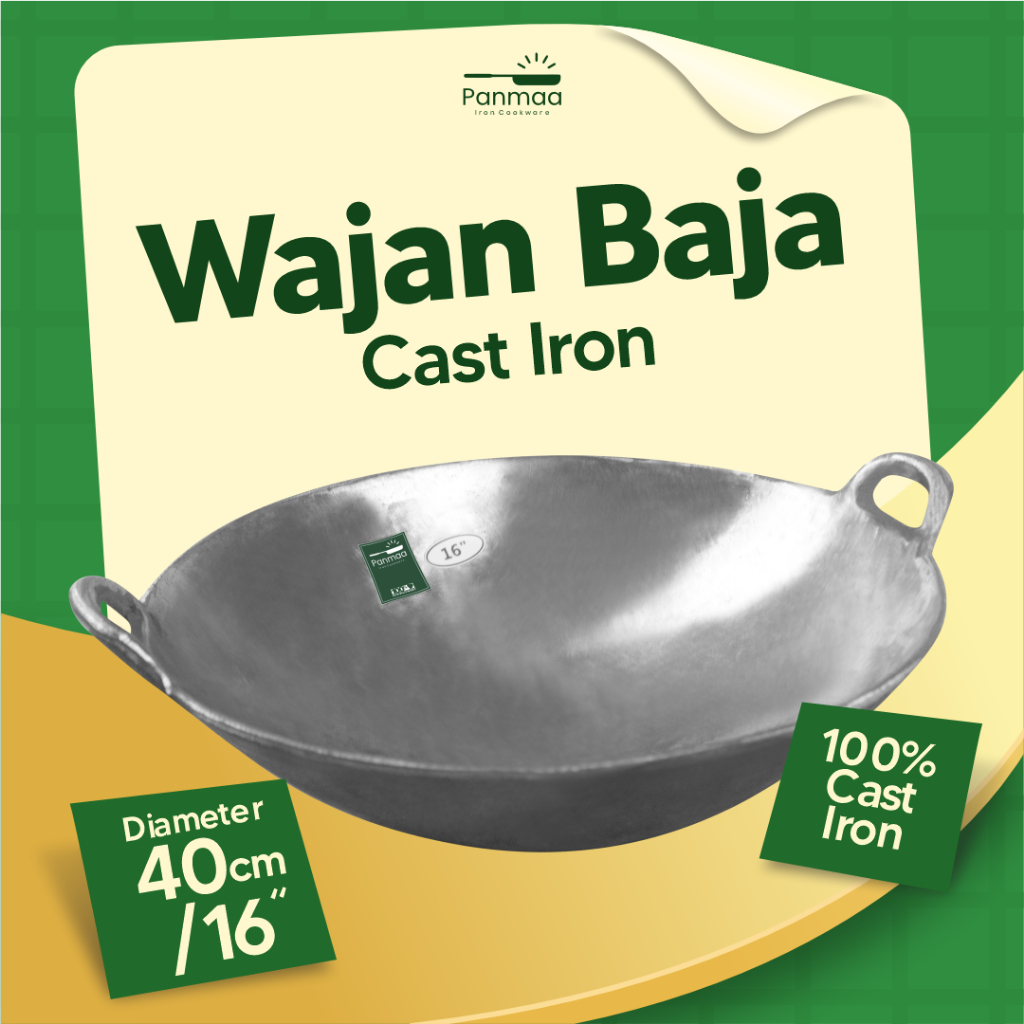 Wajan baja cor 16” (40cm) tebal anti lengket / kuali besi cor/ Wok cast iron / wajan penggorengan