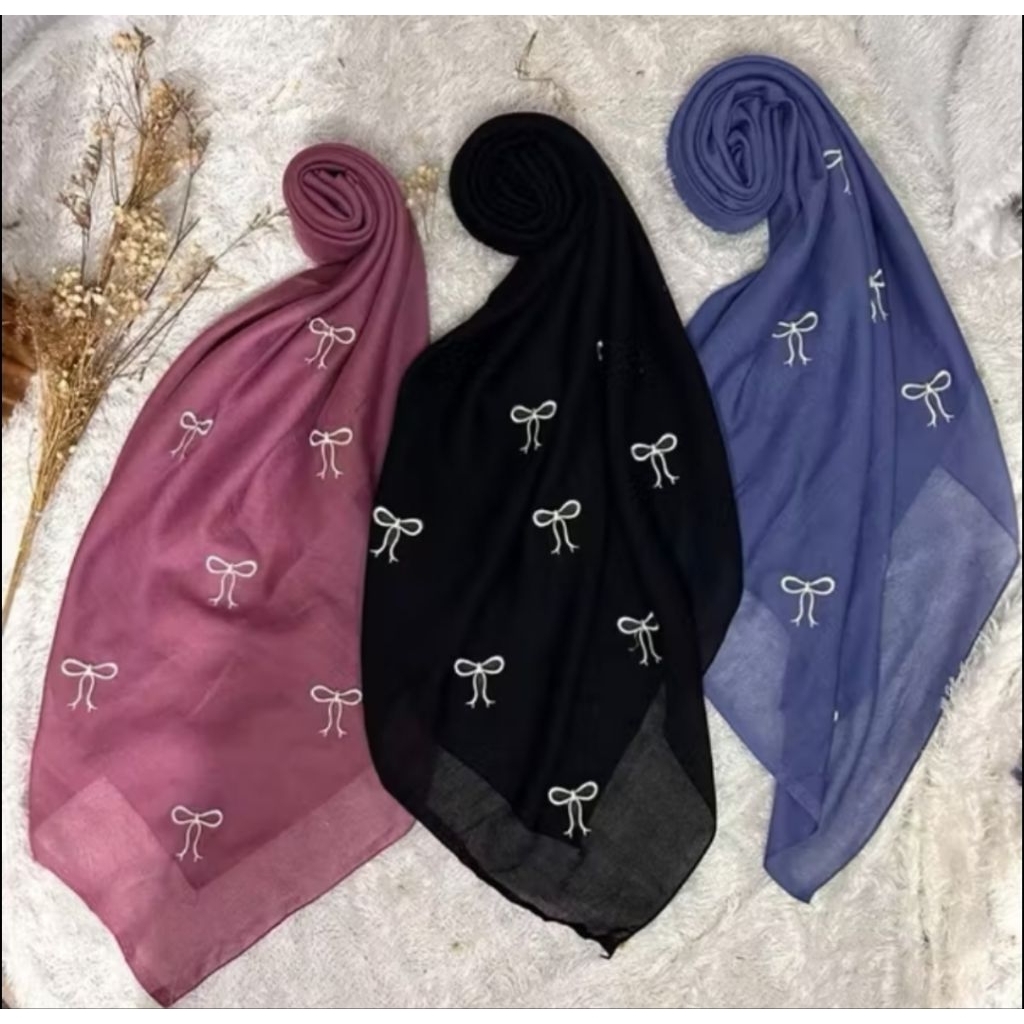 HIJAB PARIS COQUETTE // kerudung paris bordir pita kecil  segi empat paris premium pods pita
