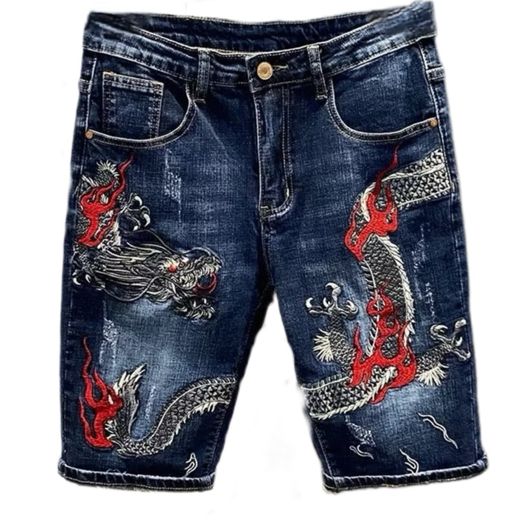 COD CELANA JEANS PENDEK PRIA SOBEK CELANA JEANS PENDEK PRIA BORDIR DRAGON DISTRO