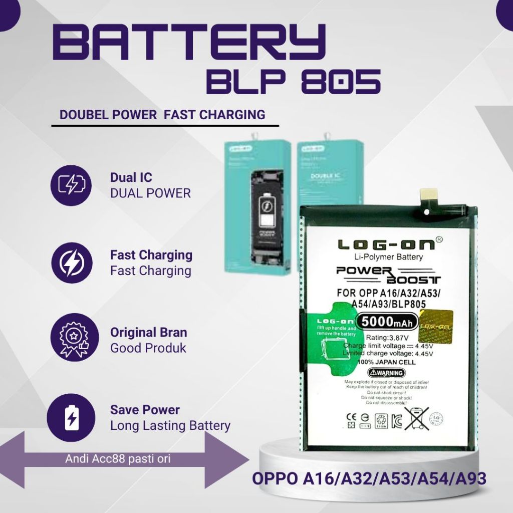 Log-On BLP805 Baterai IC Double Protection Power Boost for Oppo A16 A32 A33 A53 A54 A93 – Batre HP O