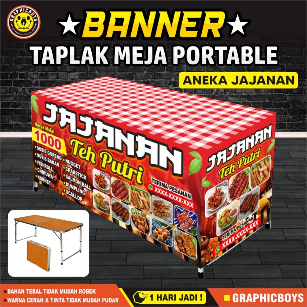 Spanduk Taplak Meja Portable Aneka Jajanan, Banner Taplak Meja Portable Aneka Jajanan