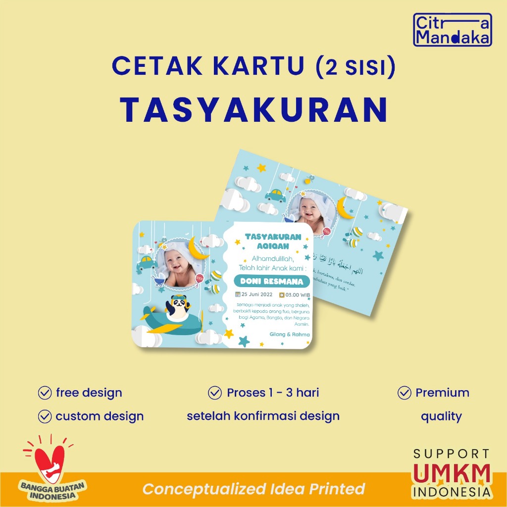 Kartu Ucapan Terima Kasih Tasyakuran Aqiqah Kelahiran Bayi Hampers 2 Sisi Custom Free Design