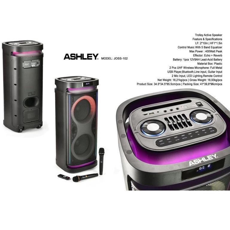 Speaker Portable Ashley Joss 102 2x10 inch USB Bluetooth Free 2 Mic Handle Wireless ORIGINAL GARANSI