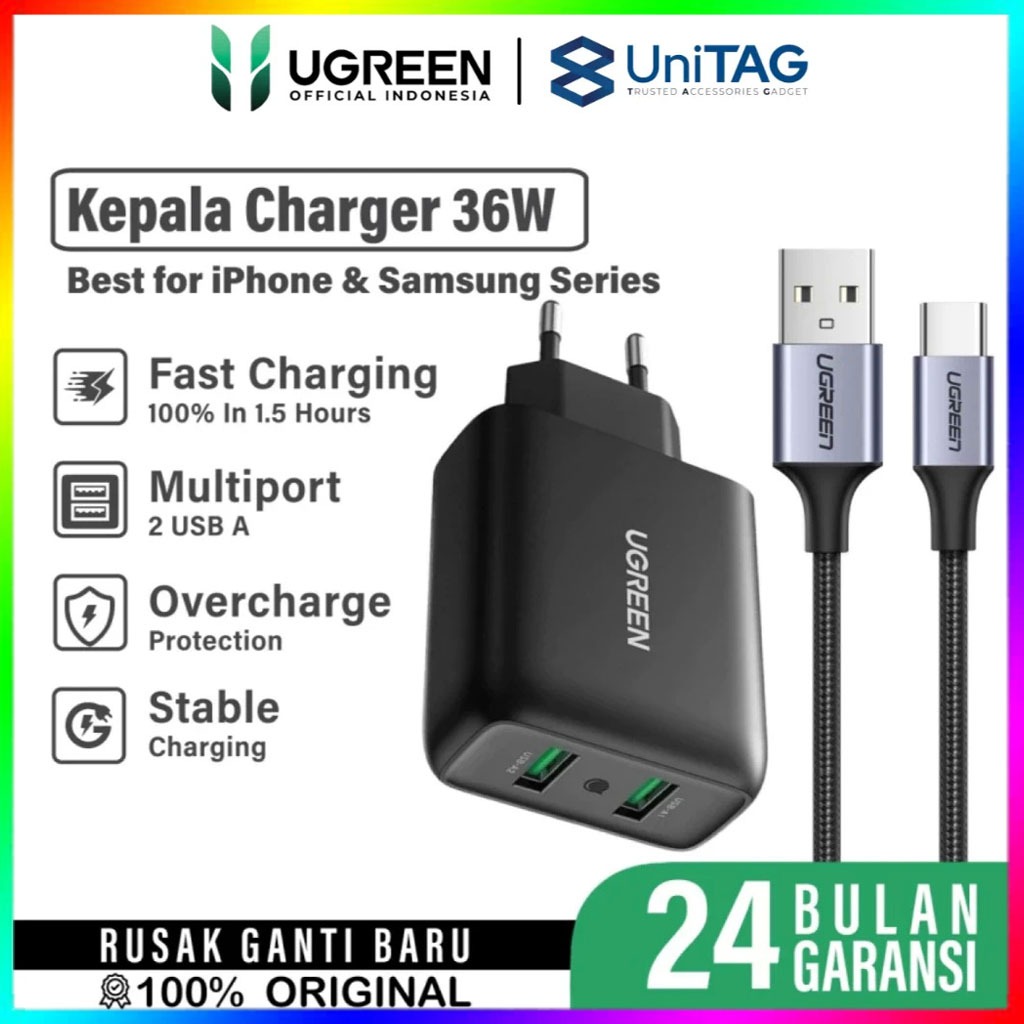Kepala Charger Samsung Adaptor Dual Port UGREEN 36W QC Fast Charging USB A - 36W