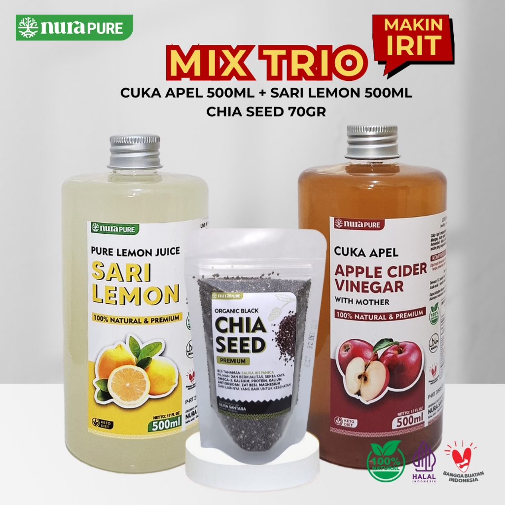 

NuraPure Cuka Apel Sari Lemon Chia Seed 500ml - Paket Mix Trio Irit - Minuman Diet Detox