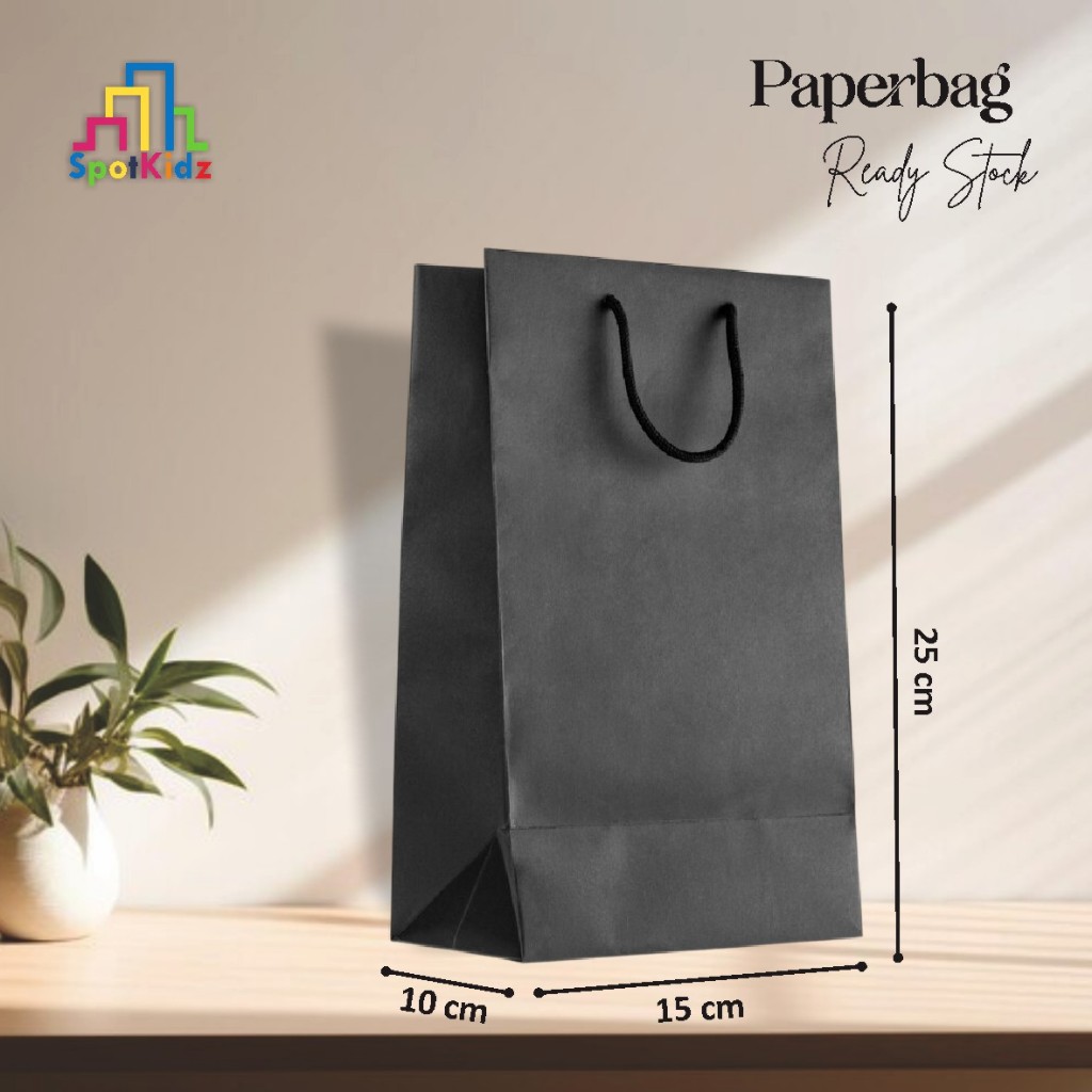 

[12 PCS] PAPER BAG HITAM POLOS READY STOCK PAKET LUSINAN - TAS HAJATAN TAS SOUVENIR UK 15 X 25 X 10