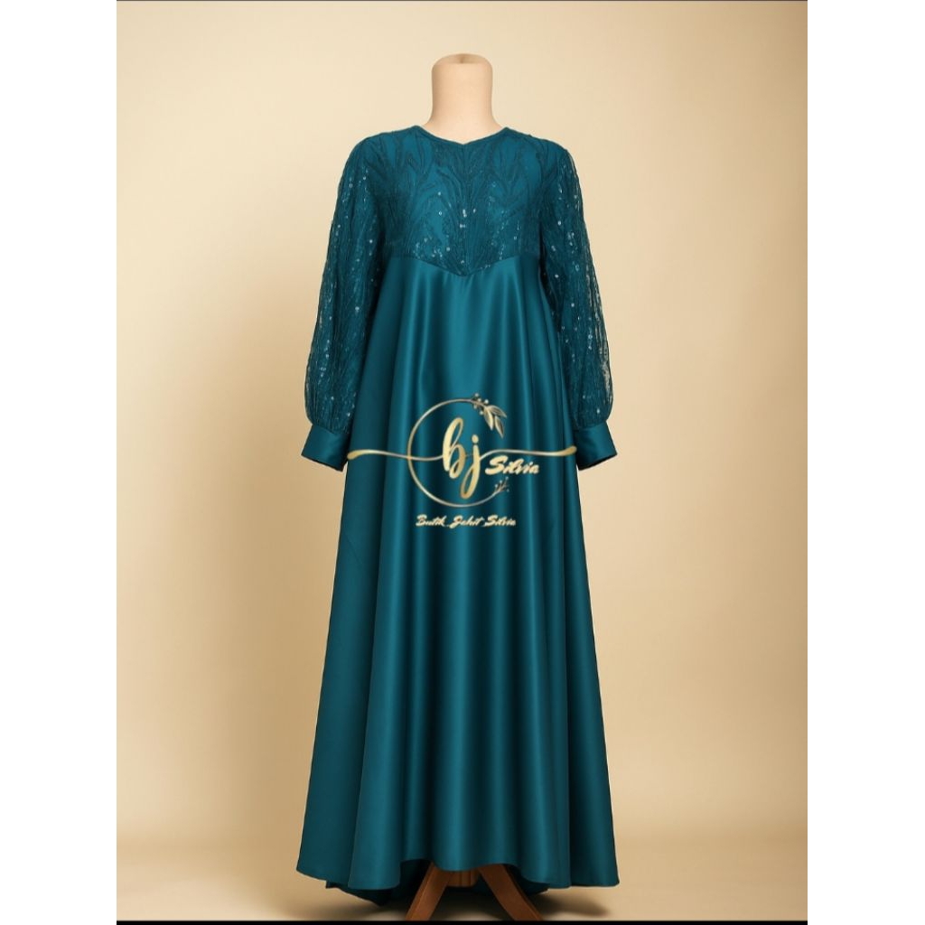 Dress Silk Kombinasi Tile Garden Premium Warna Hijau Emerald Gamis Brukat Tile Pesta Wanita Mewah