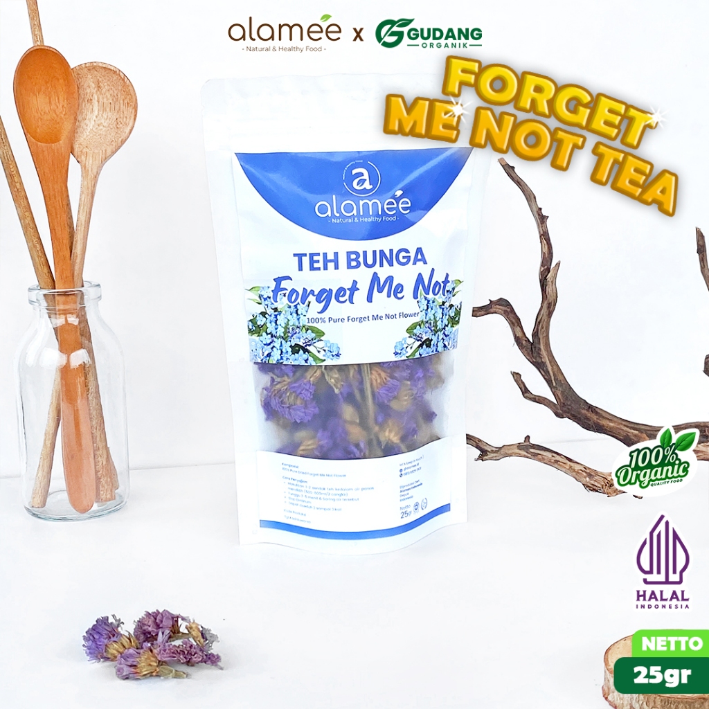 

alamee teh bunga forget me not dengan warna cerah dan rasa lembut sangat mudah diseduh serta alami