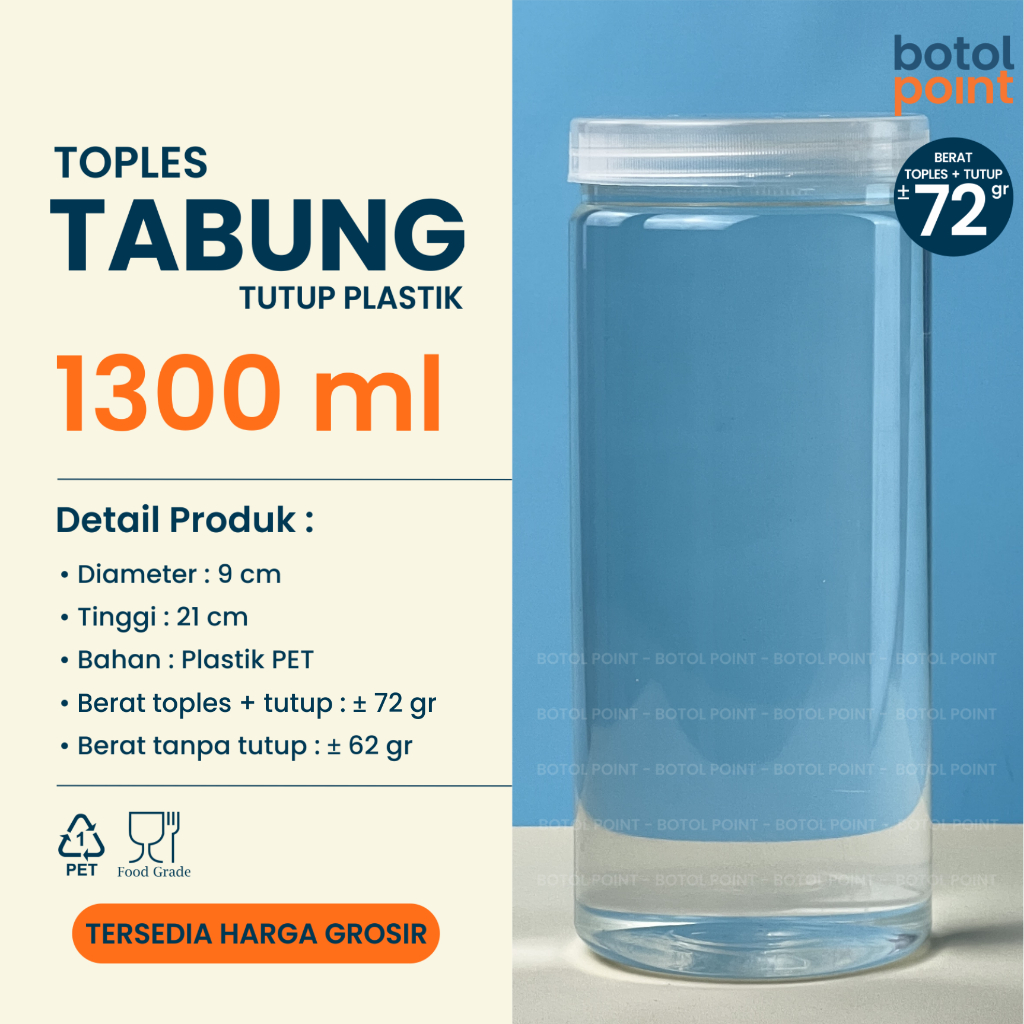 Toples Tabung 1300 ml TUTUP PLASTIK - GROSIR - Toples plastik 1300ml - Kemasan Makanan Kue Kering