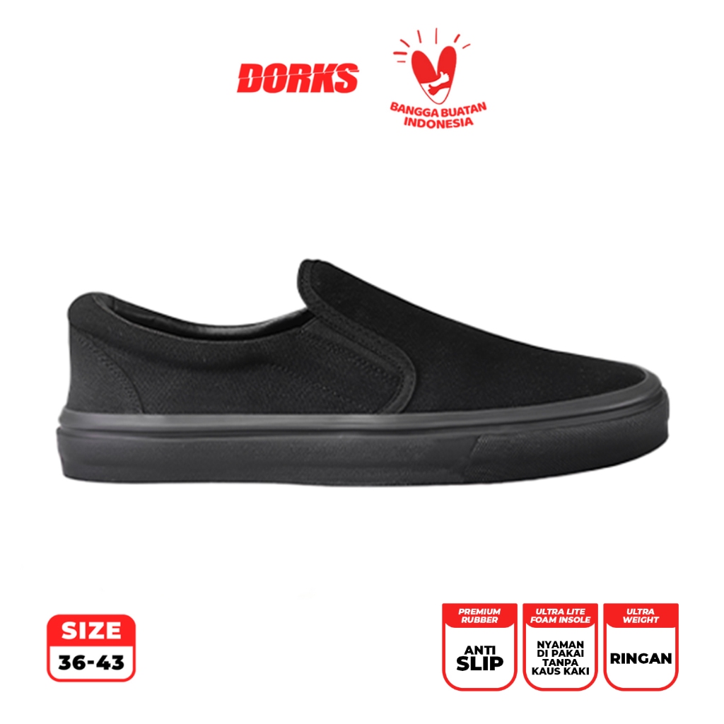 Dorks - Slip On Full Black Sepatu Sneakers Casual Pria Wanita