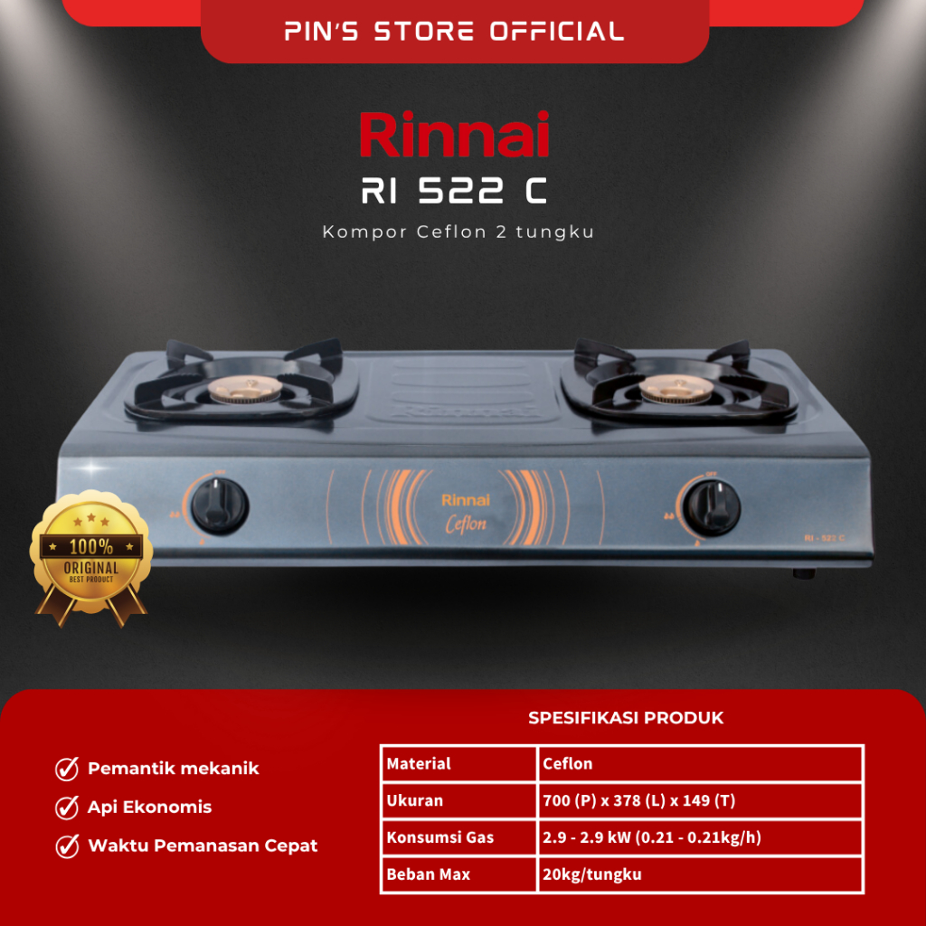 RINNAI KOMPOR GAS 2 TUNGKU / KOMPOR GAS RINNAI / KOMPOR GAS TEFLON ANTI LENGKET / KOMPOR GAS HITAM [