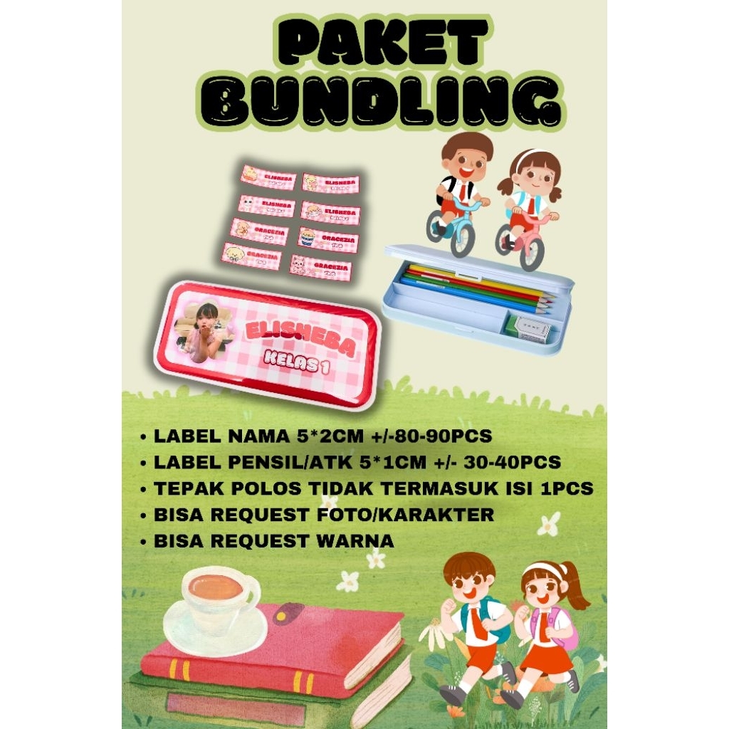 

Paket Siap Sekolah Bundling kotak pensil custom label nama buku label atk pensil dan botol minum tepak makan bekal