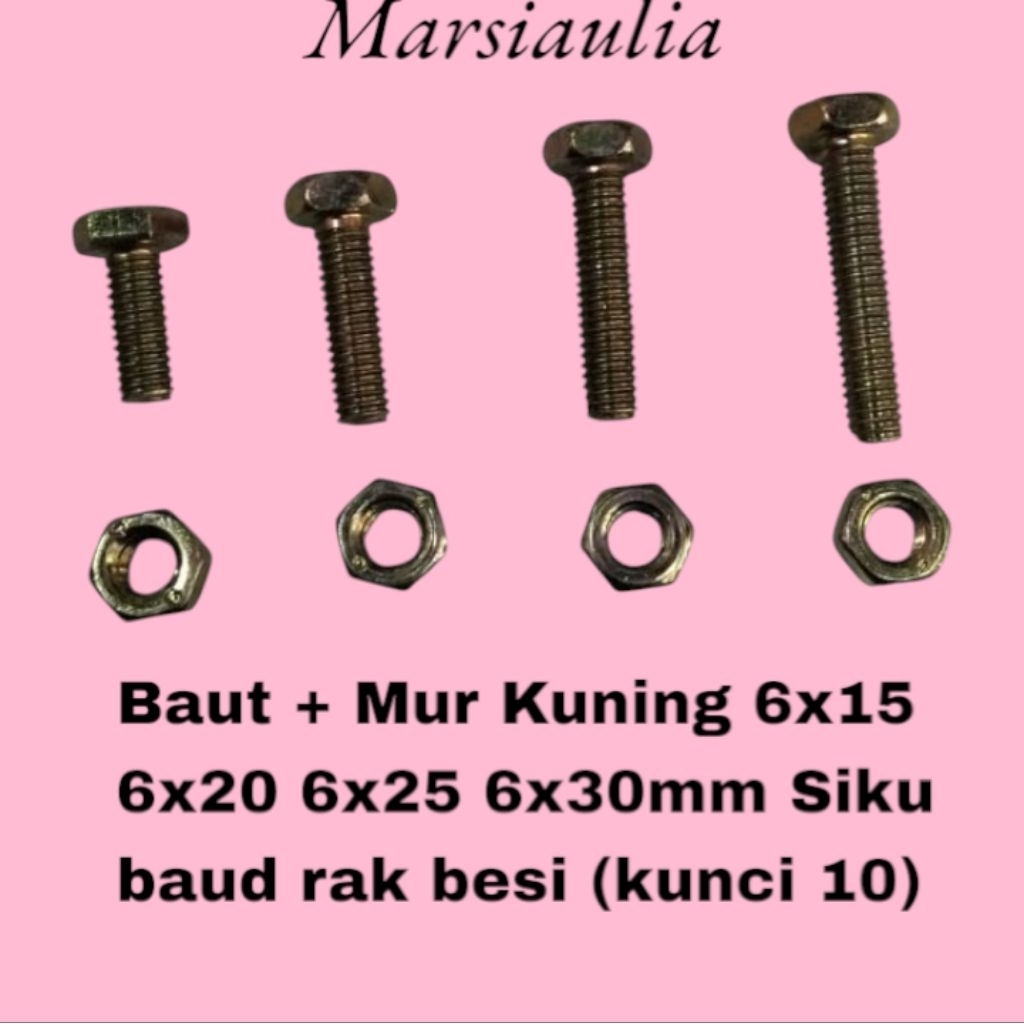 paket 10pcs Baut + Mur Kuning 6x15 6x20 6x25 6x30mm 6x50mm Siku baud rak besi (kunci 10)
