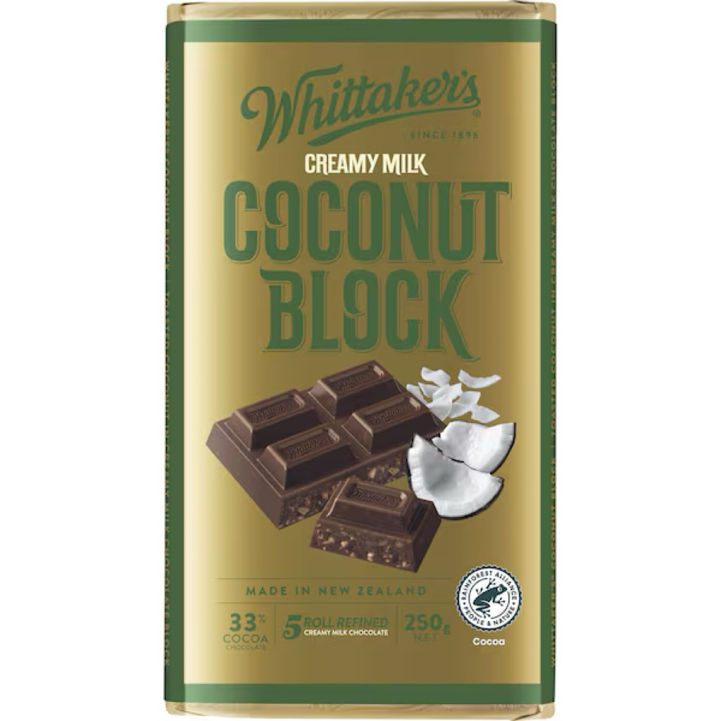 

Whittaker's Milk Chocolate Coconut Block 33% Cocoa 250g - Australia