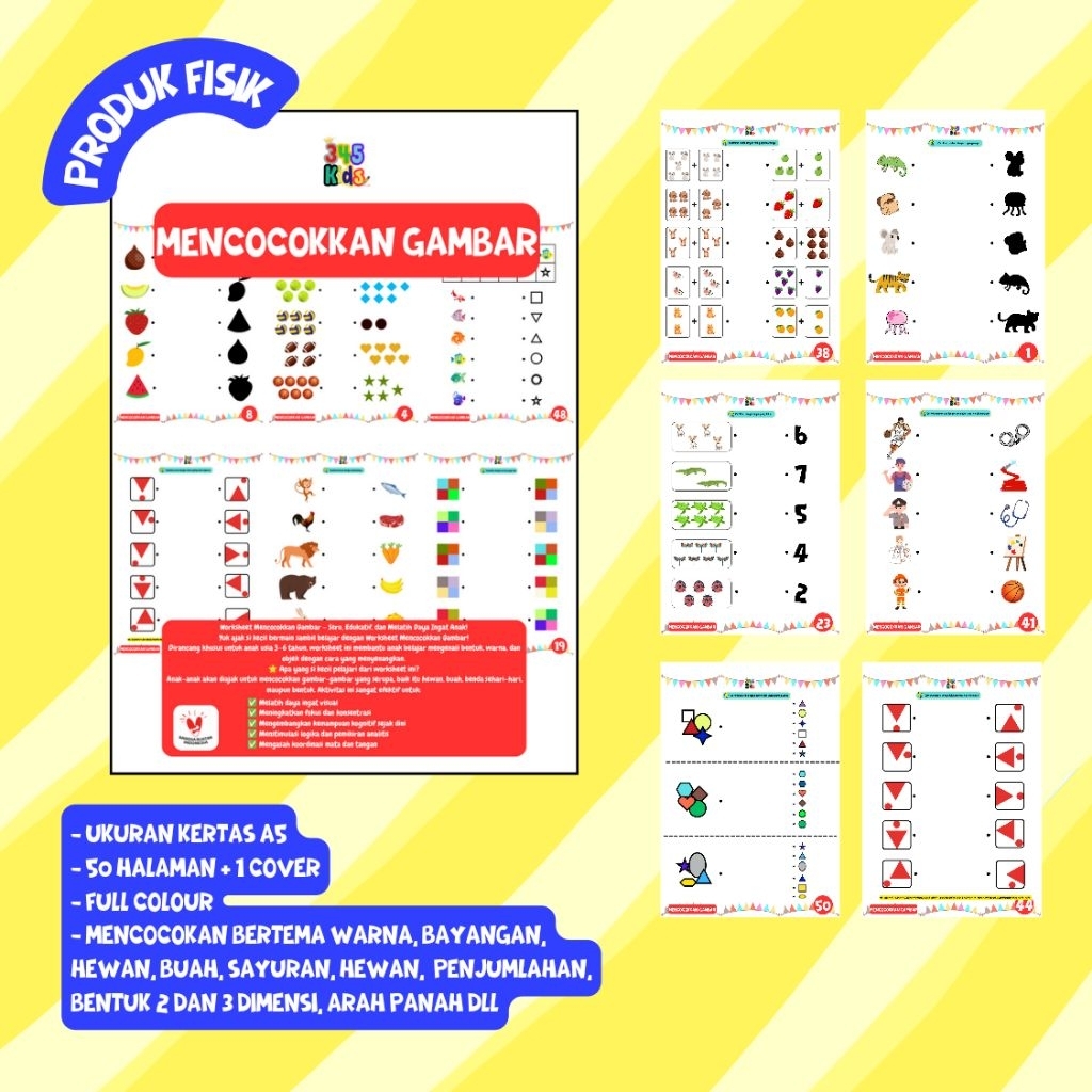 Mencocokan Gambar worksheet anak pra TK hingga TK B umur 3 4 5 6 tahun