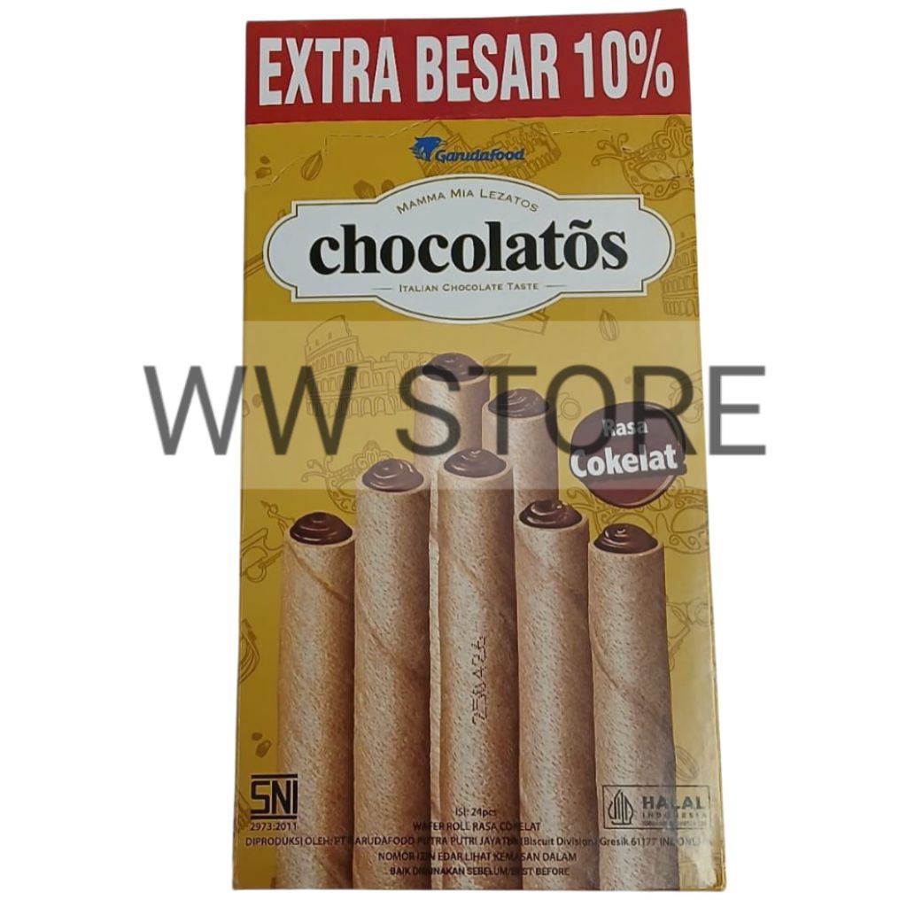 

Wafer gulung rasa coklat cokelat halal MUI GarudaFood Garuda Food chocolatos Chocolate Coated Wafer Roll isi 24pcs x 14g