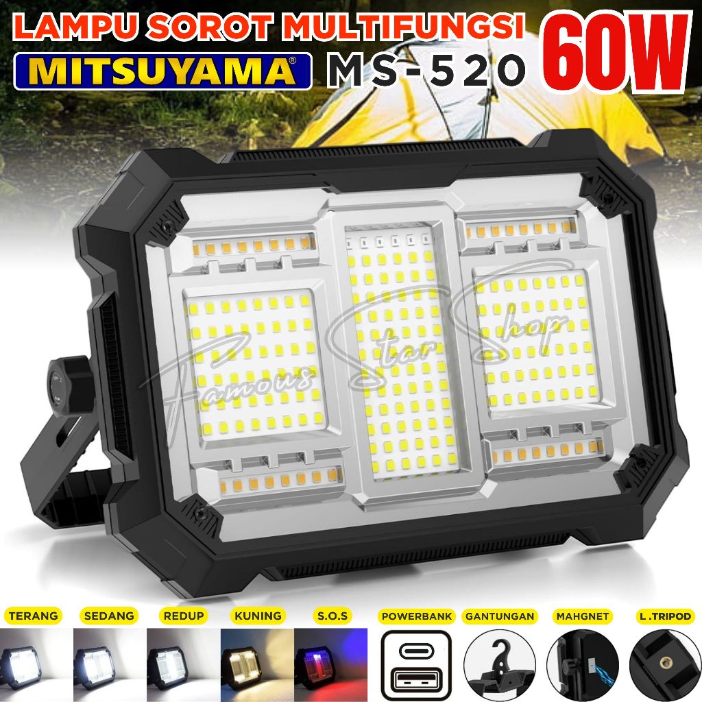 Lampu Sorot Cas 60W Multifungsi Power Bank Cahaya Super Terang MITSUYAMA MS-520 BONUS TRIPOD | Lampu
