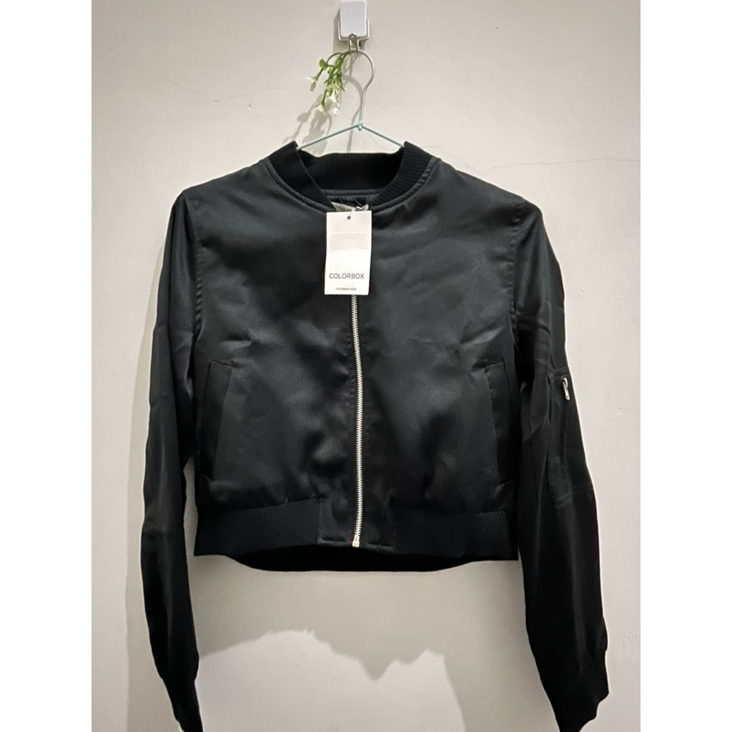 COLORBOX Cropped Satin Bomber Jacket Black