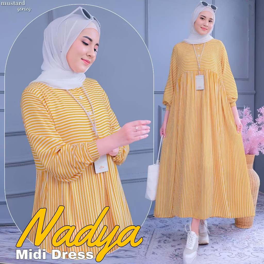 Nadya Dress Salur Katun Viscose | Fashion Muslim Kekinian | Elegant Midi Dress Motif Salur Terbaru
