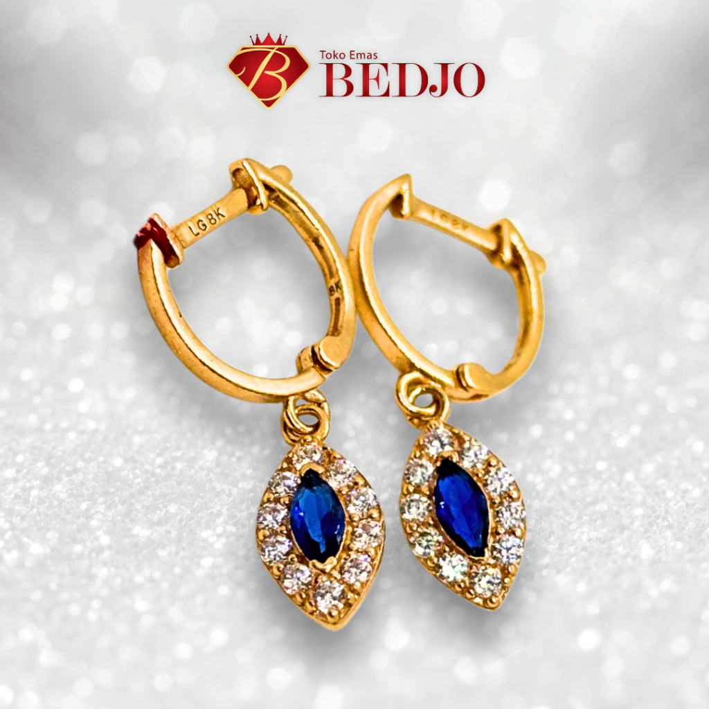 Anting Emas Gantung Oval Biru Safir | Perhiasan Anting Telinga | Gold Jewelry Earring Blue Sapphire
