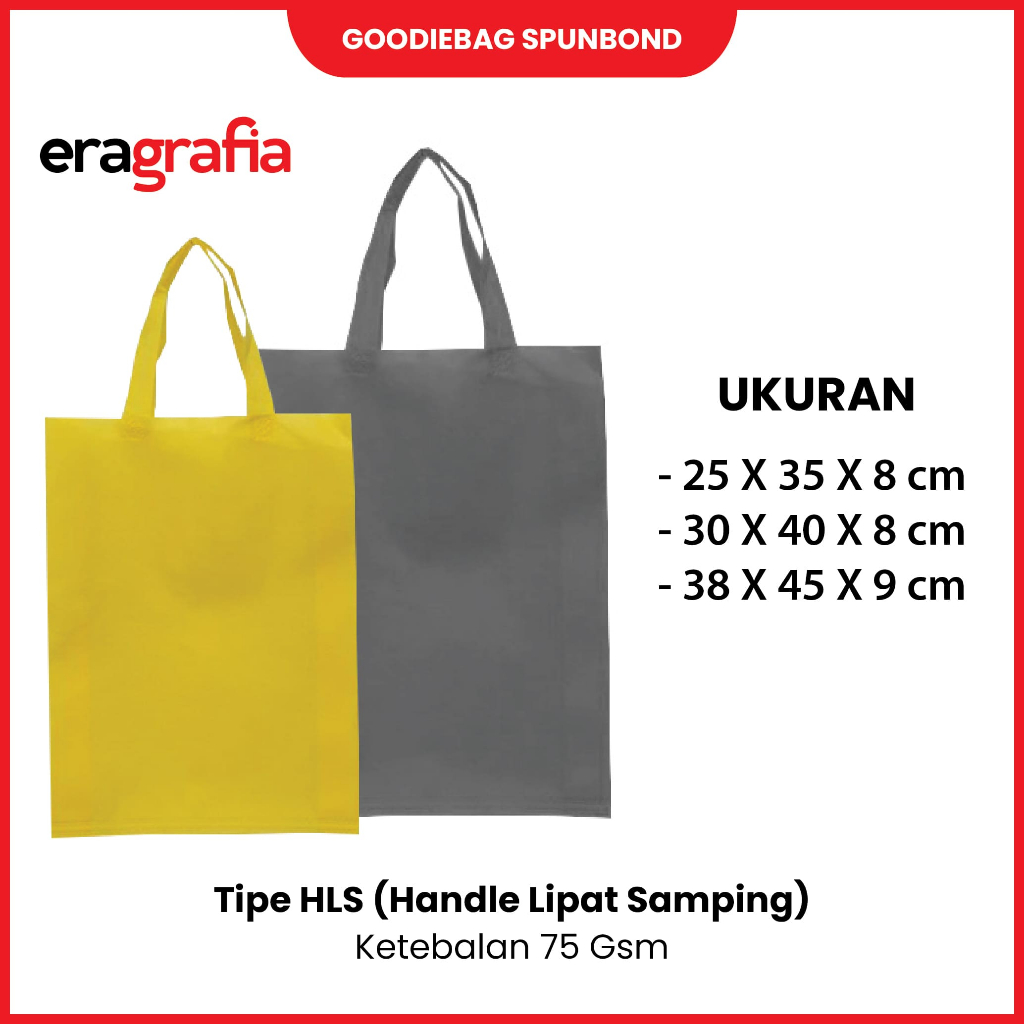 

Goodiebag/Tas Spunbond Tipe HLS (Handle Lipat Samping) Ukuran 25x35, 30x40, 38x45 75gsm