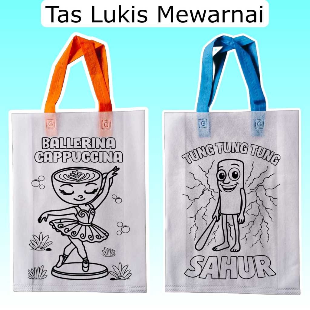 

(HARGA PER 6 PCS)Tas Mewarnai Anak Kain spunbond ukuran 25x35 (TALI MIX WARNA) Harga Per Lusin