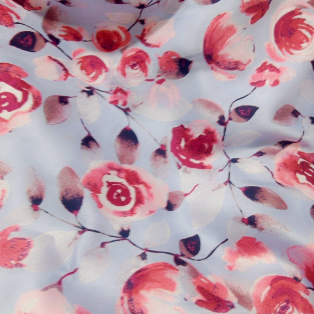 Kain Satin Silk Motif Bunga Mawar Premium – Bahan Licin & Elegan Motif Daun Hijau Putih | Kain Meter