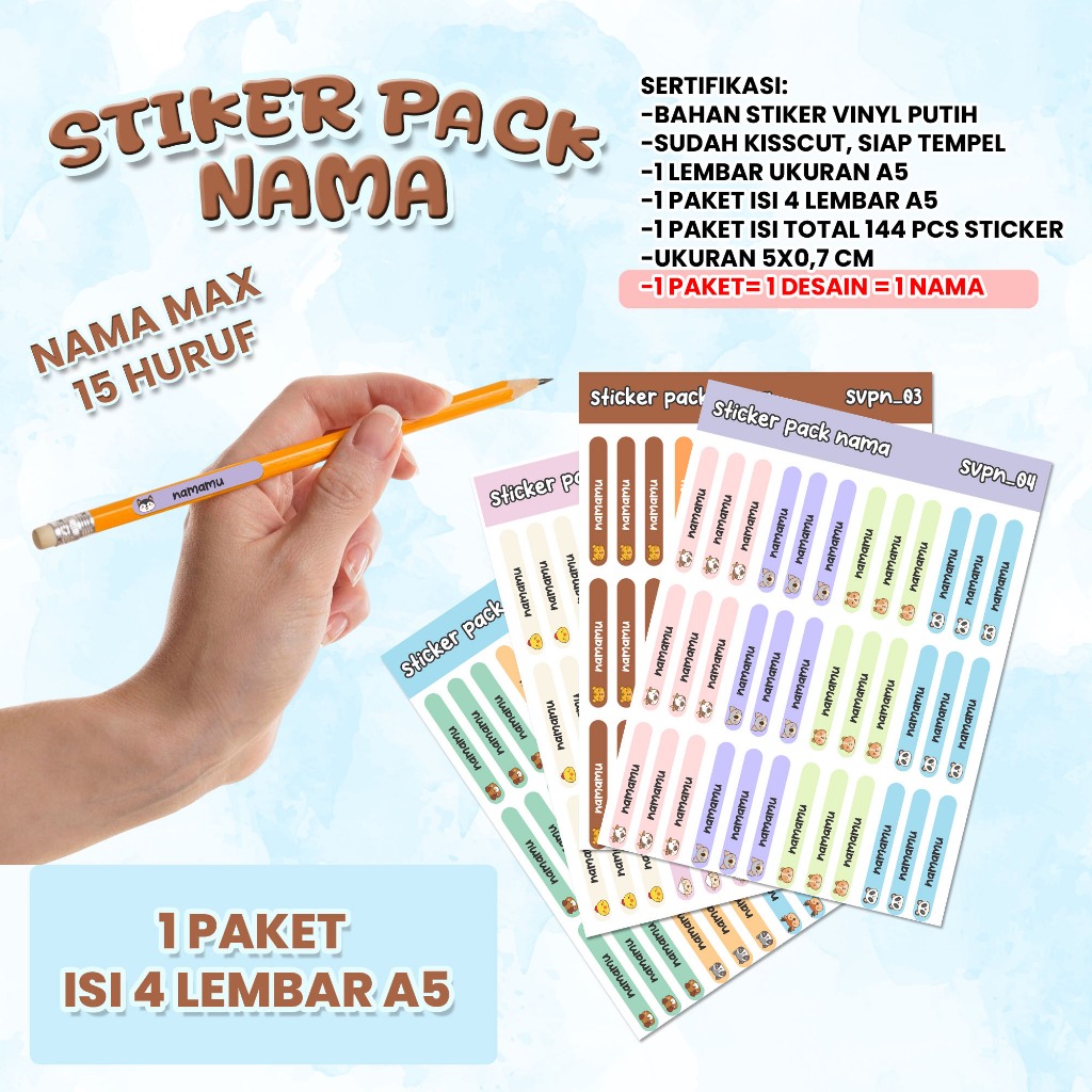 

[1 PAKET ISI 4 LEMBAR A5] - STIKER PACK NAMA / Stiker Pack Nama STIKER NAMA untuk Pensil, Pulpen, ATK, dan lain-lain / isi 36pcs per-A5