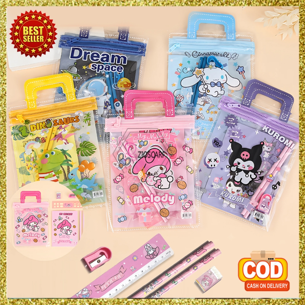 

Set Alat Tulis 6in1 Free Bag Motif Karakter Pensil Penghapus Penggaris Kado Hadiah Lucu