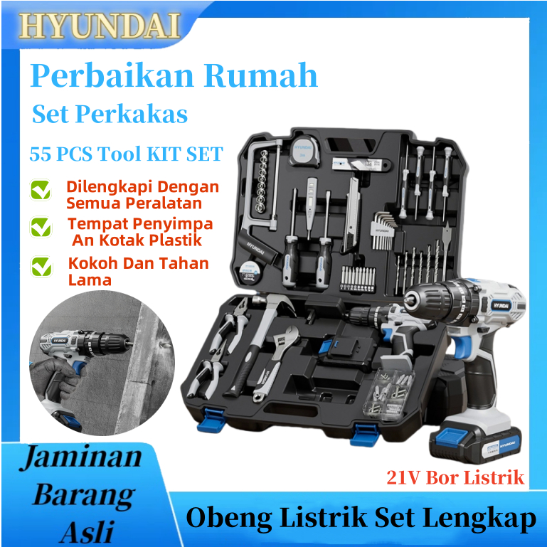 Hyundai 55 PCS Toolkit Bor listrik Alat Pertukangan Set bor listrik brushless Palu Handtool Box Set