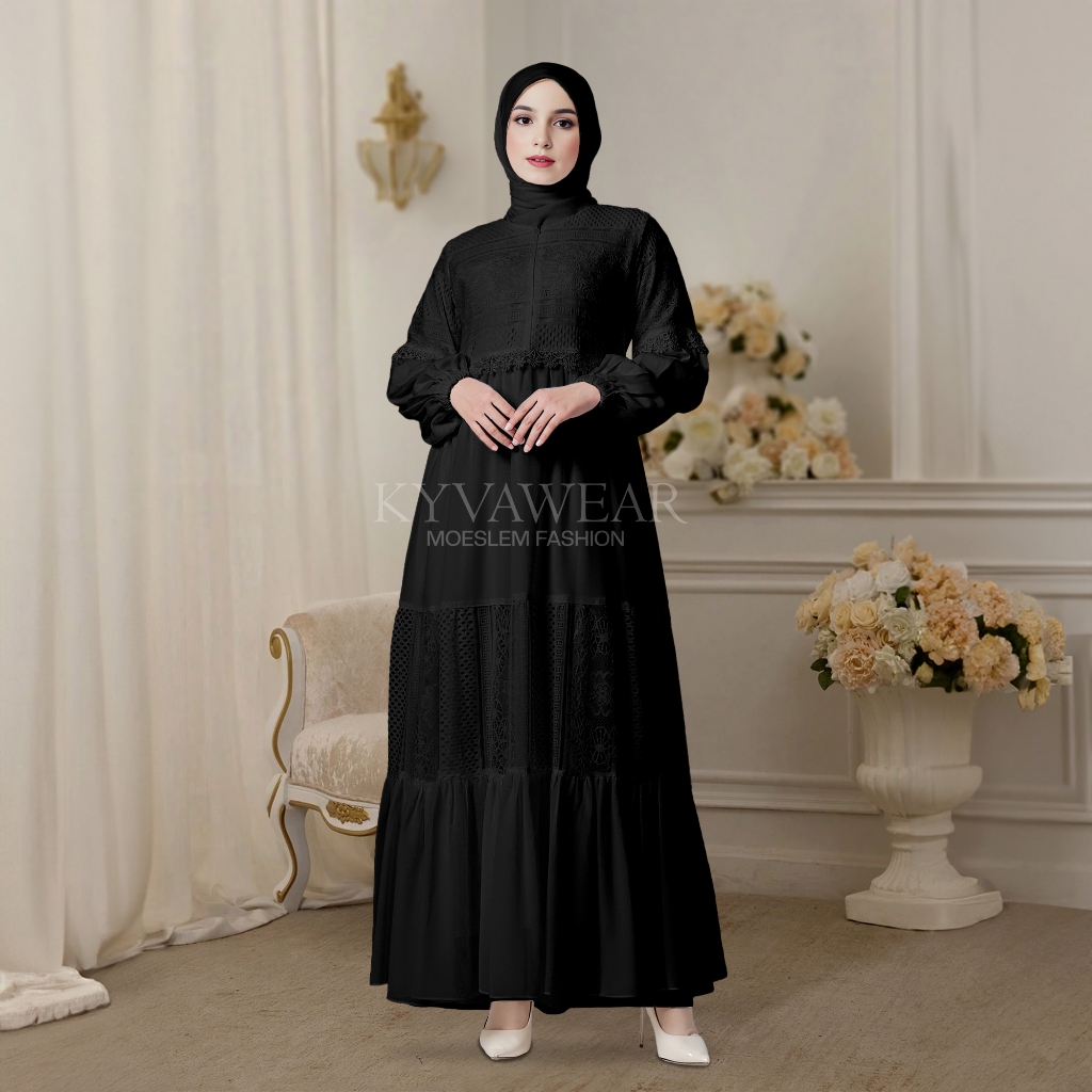 KYVA GAMIS ABAYA MUSLIM BROKAT HITAM MOSCRPE TERBARU LM 048 PESTA MEWAH REMAJA