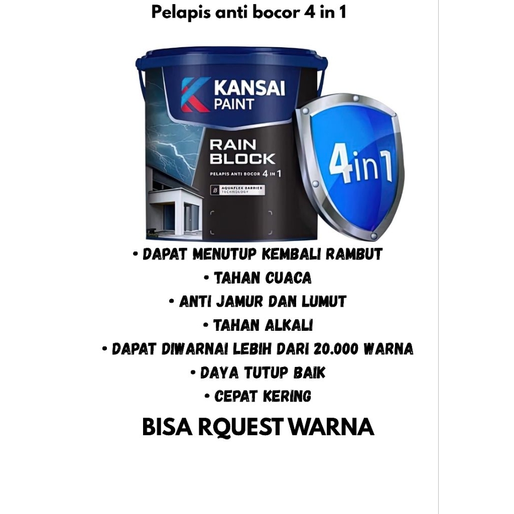 CAT TEMBOK KANSAI RAIN BLOCK CAT ANTI BOCOR UKURAN 1KG WARNA (PUTIH,ABU ABU, TRANSPARAN)