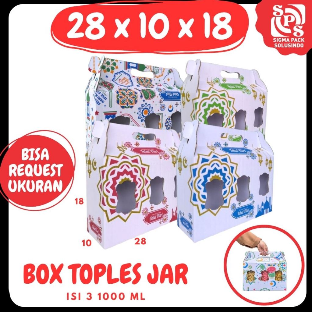 

Box Jinjing Toples Tabung isi 3 28x10x18 (KUKER TOPLES JAR 1000ml Isi 3) Kardus jinjing Kue Kering Idul Fitrii