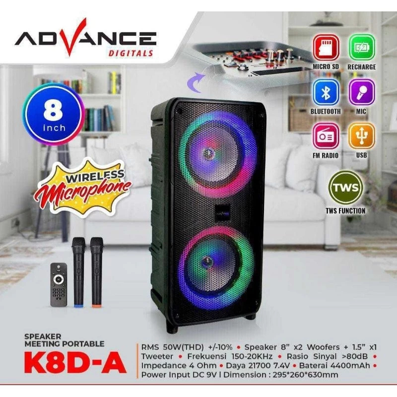 Advance Speaker Bluetooth Portable K8D A  8 inch Free 2 Mic Karaoke / Speaker Meeting Portable Bluet