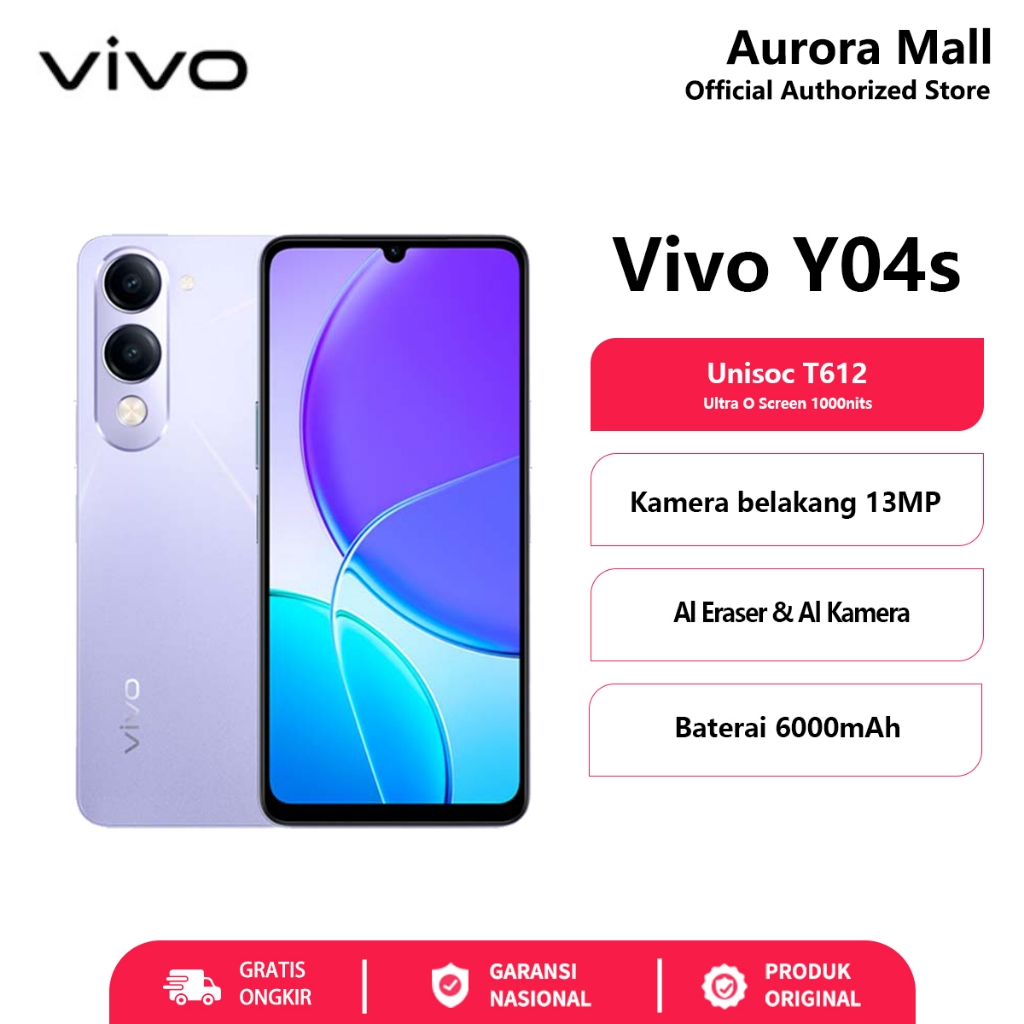 Vivo Y04s 4/64GB RAM 4GB+4GB Extended  ROM 64GB 6000mAh Baterai 15W FlashCharge Garansi Resmi