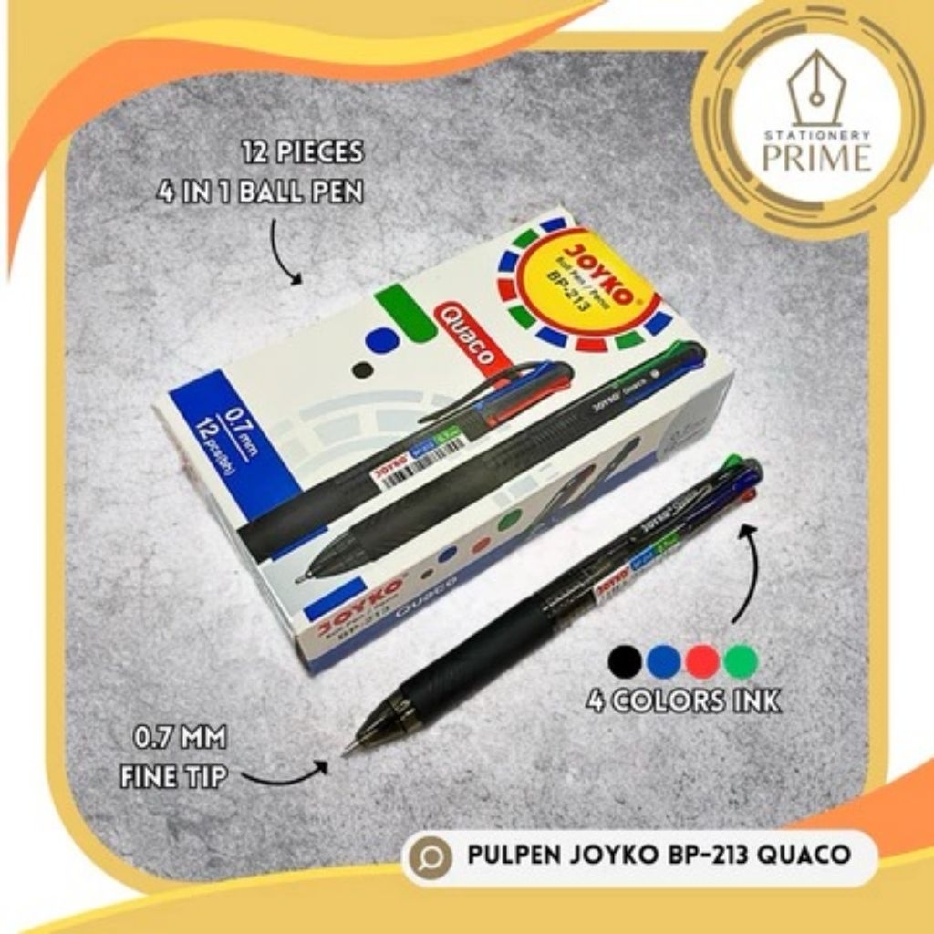 

Ball Pen Pena 4 Colors in 1 Joyko BP-213 QUACO 4 Warna Hitam Biru Merah Hijau 0.7 mm Fine Tip ( Isi 12 pcs )
