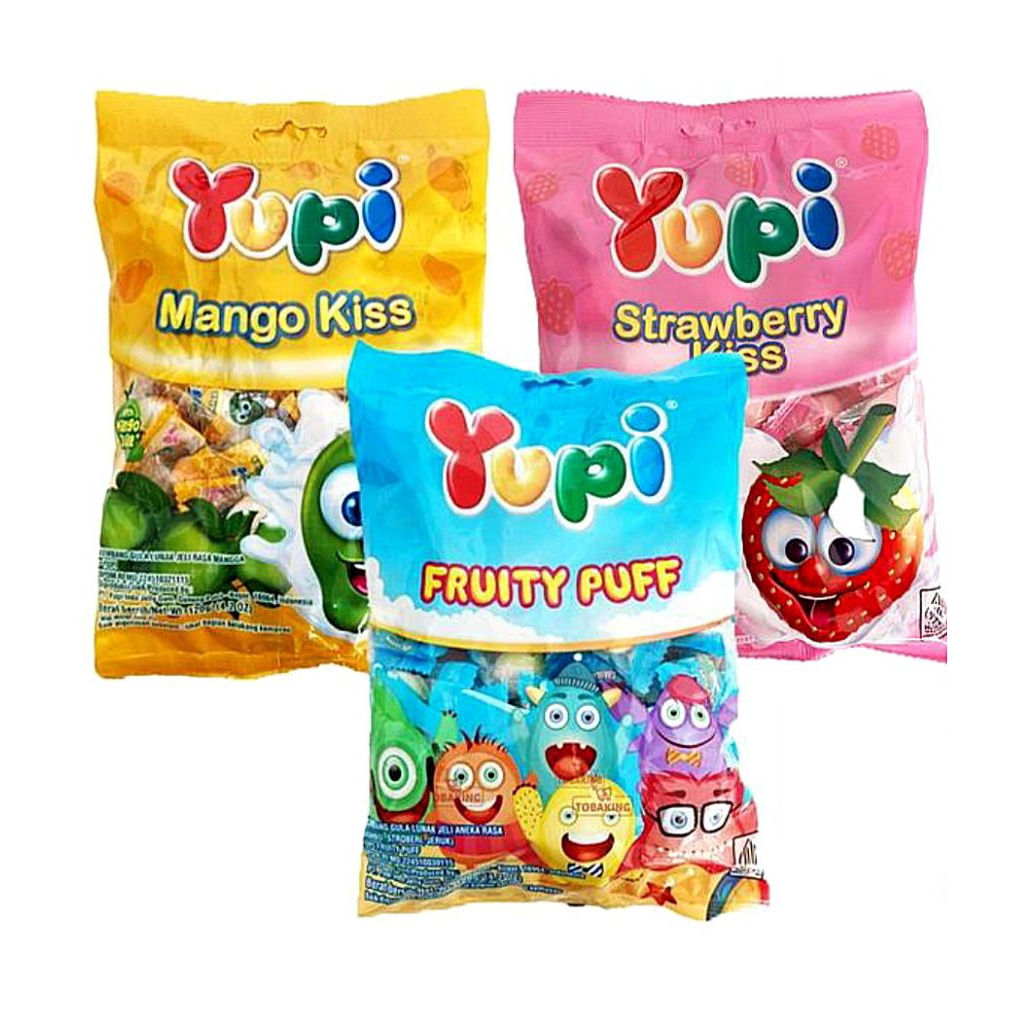 

Yupi strawberry kiss, Manggo kiss,Fruity puff | 45 gr - Permen lunak