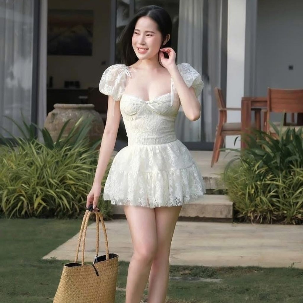 Bhusana Castle 78029 white lace sweet ribbon french style vintage mini dress / dress wanita