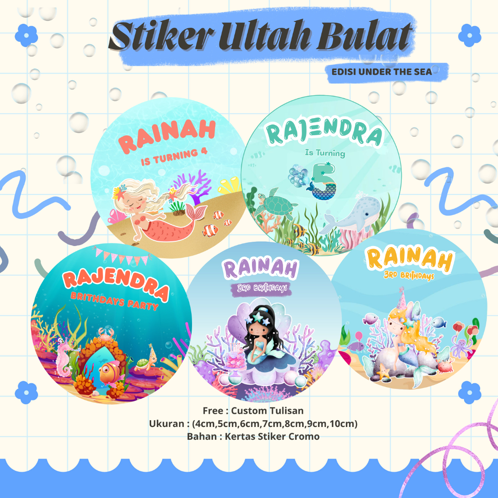 

(60pcs) Stiker Ulang Tahun Anak Custom I Stiker Ulang Tahun Tema Under The Sea I Stiker Brithdays Party Mermaid Bulat Hampers