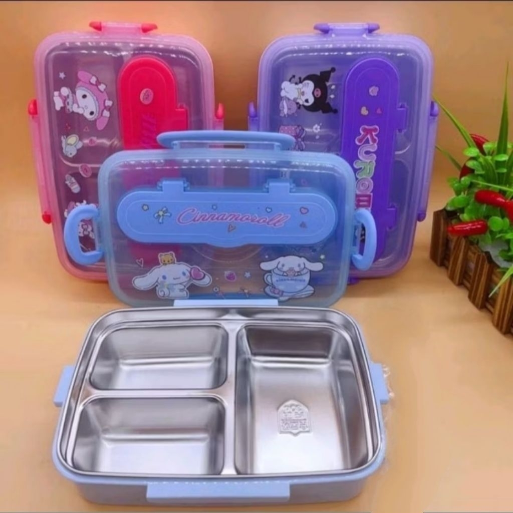 Kotak Makan Stainless Sanrio Lunch Box Set Sekat 3 Kotak Bekal Anak Sekolah Kuromi Cinnamoroll Melod