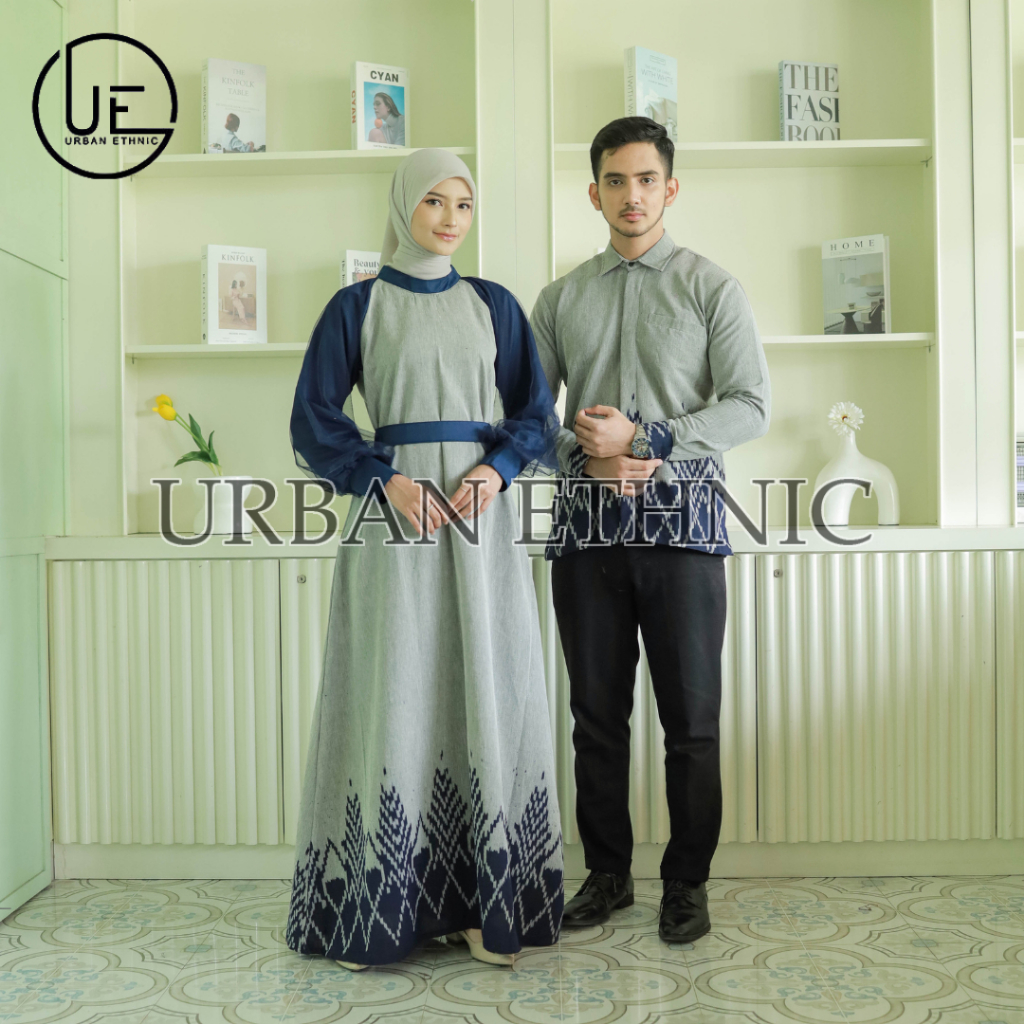 Set couple syahira grey navy kemeja pria dan dress wanita, gamis kondangan ethnic, couple baju konda