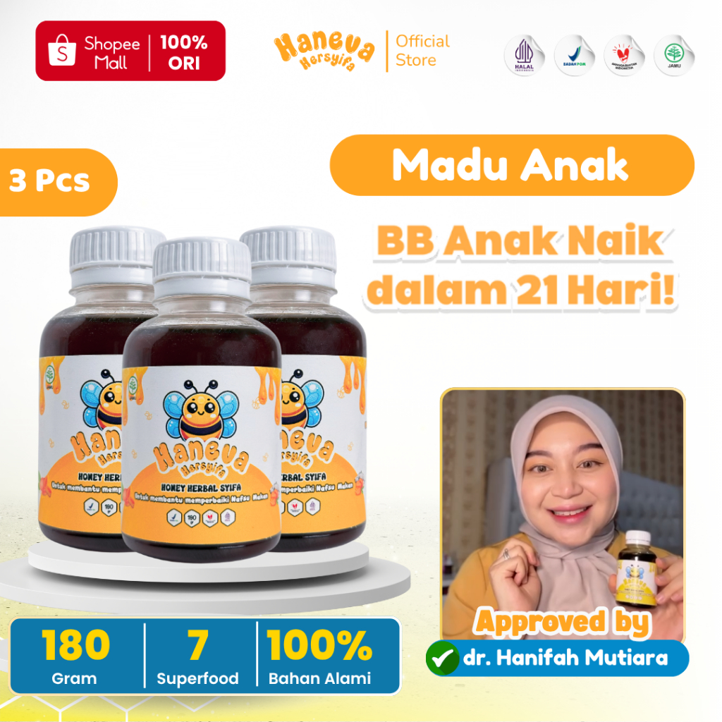 

HANEVA HERSYIFA - Madu Multivitamin Bantu Atasi GTM Anak | BPOM dan Halal MUI - 180 Gram Isi 3 Pcs